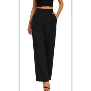 Kiczoy Womens Black Wide Leg Dress Pants Elastic High Rise Waist Trousers Size L